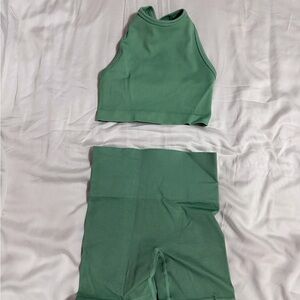 Aritzia TNA Green Ribbed Halter Top+Short Set